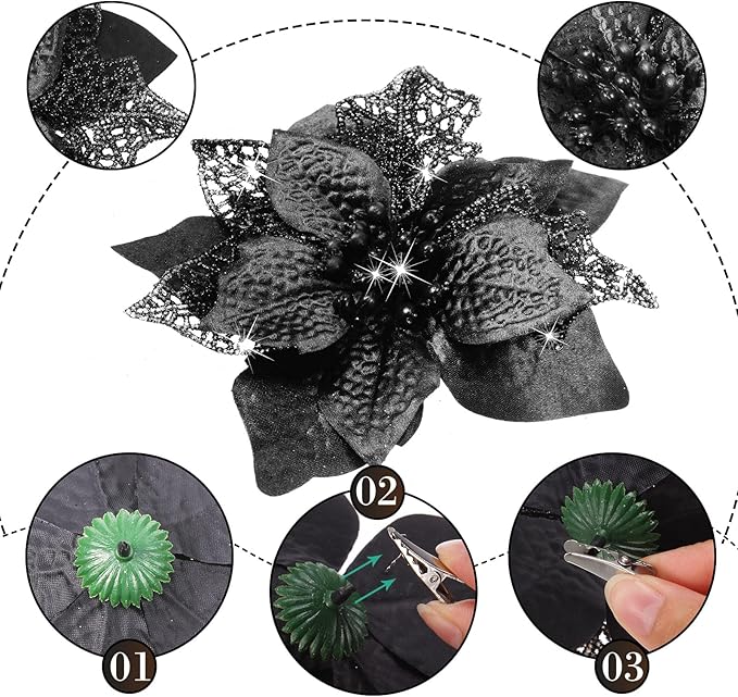 Boao 24 Pieces Christmas Artificial Glitter Poinsettia Flowers Xmas Flowers Wedding Christmas Tree New Year Ornaments(Black)