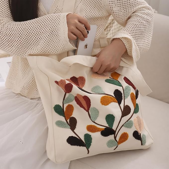 Aesthetic Embroidery Tote Bag for Lady Cute Reusable Canvas Shoulder Bag for Girls Women Shopping Grocery