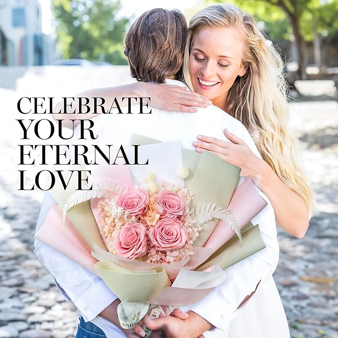 GLAMOUR BOUTIQUE Preserved Flowers Bouquet - Flowers Forever in a Box with Hydrangeas & More, Gift Ready for Anniversary, Birthday, Mother's Day, Long-Lasting 1-3 Years - Pink