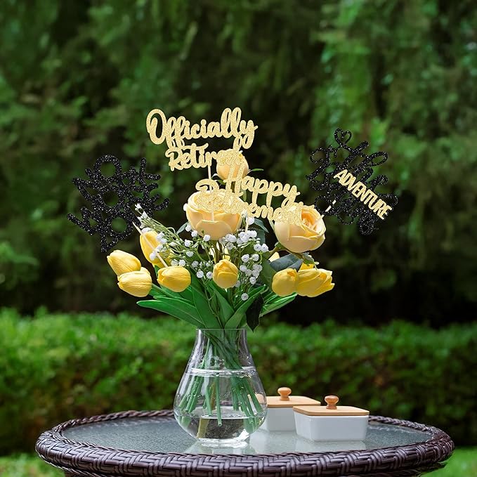 Ephlyn 16Pcs Happy Retirement Centerpiece Sticks Officially Retired Table Flower Centerpieces Sticks No Work Zone Floral Decorations for Farewell Birthday Party Centerpieces Supplies Black Gold