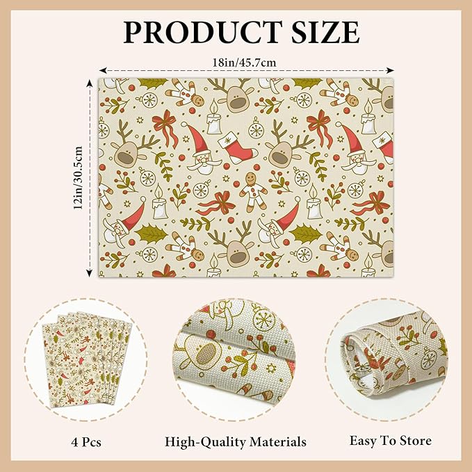 Santa Claus Elk Christmas Placemats Set of 4, Dining Mat Cotton Linen Waterproof Table Mats Decor Fabric for Christmas Holiday Kitchen Dinner Table, Washable Wipeable Placemat -N040