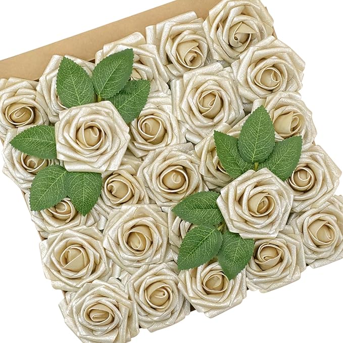 Artificial Flowers, 100pcs Champagne Light Gold Rose for DIY Wedding Bouquets Centerpieces Arrangements, Artificial Rose with Stem for Bridal Shower Party Home Decorations
