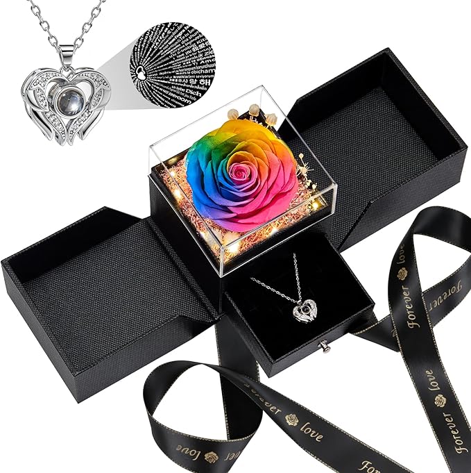FIACO Gifts for Women Preserved Real Roses with I Love You Necklace Fresh Forever Flowers Birthday Gifts for Mom Grandma Wife Girlfriend on Anniversary Christmas Valentines Romantic Gift