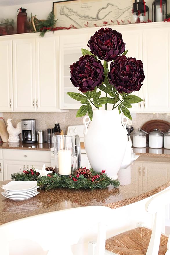Briful 3PCS Burgundy Peony Artificial Flower Stems 29.1in Long Stem Fake Peonies Silk Floral Arrangement Real Touch Peony Flower for Home Vase Party Wedding Bouquet Decor