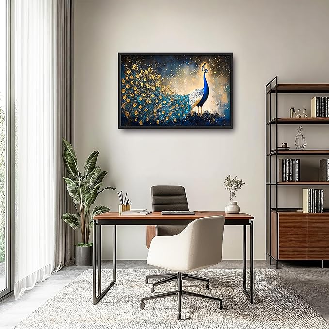 Peacock Large Wall Art Framed Gold Wall Decor for Living Room Mountain Peacock Pictures Oversized Canvas Print Painting Modern Extra Large Framed Artwork for Bedroom Office Home Decor 36"x24"