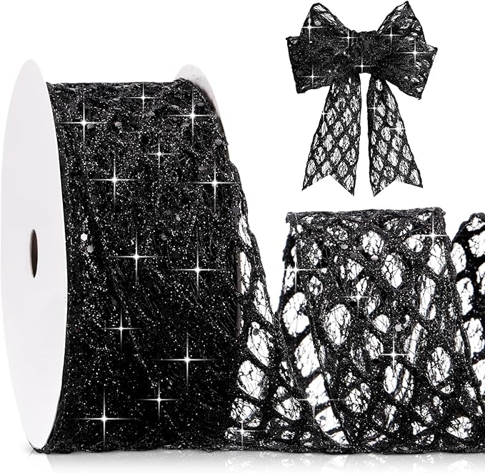 Geosar 20 Yards Black Mesh Glitter Wired Ribbon for Christmas Tree Decorations, Gift Wrapping, DIY Craft, Xmas Wreaths, Cabinet Decor (2.5 Inch)