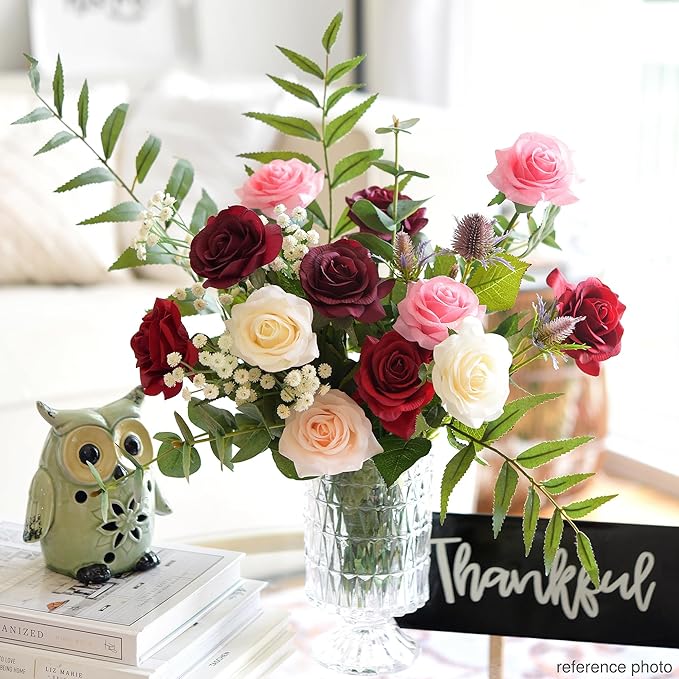 FiveSeasonStuff Rustic Mélange Artificial Roses Real Touch Silk Flowers with 12 Stems Wedding Bridal Bouquet Home Décor (Mix Pink, Burgundy & Purple)