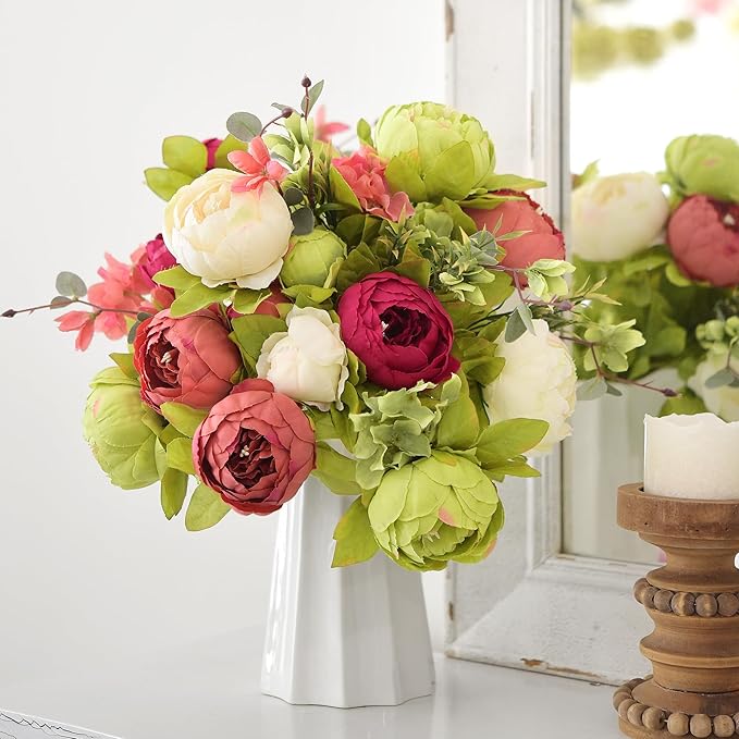 FiveSeasonStuff Vintage Artificial Peonies Silk Flowers and Hydrangeas for Wedding Bridal Home Décor – Beautiful Floral Centerpiece Arrangement Decoration with 2 Bouquets (Country Barn Red)