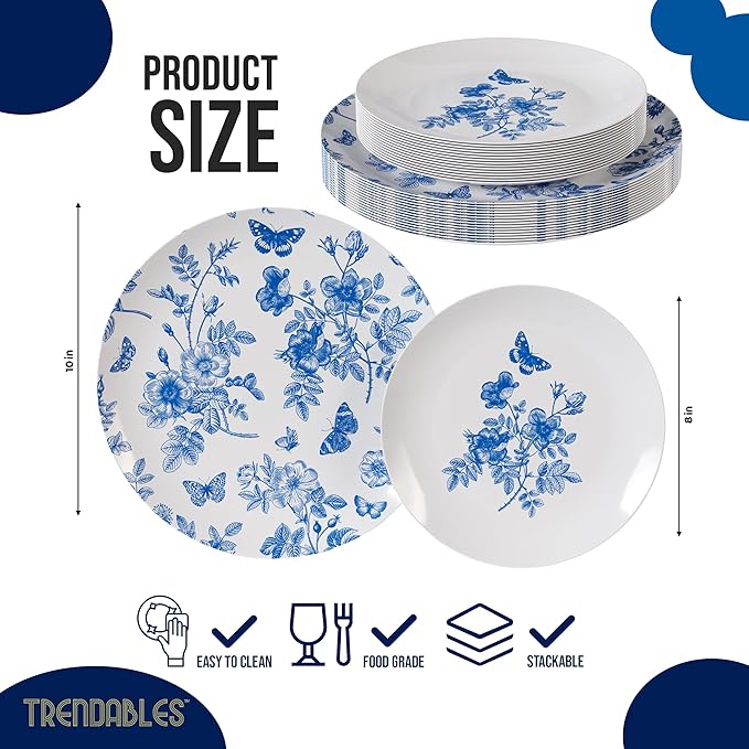 Trendables Plastic Plates For Party Supplies, Floral Disposable Plates For Party & Weddings 200 Pcs - 100 x 8 Dessert Plates & 100 x 10 Plastic Dinner Plates, Plate Set Disposable Dinnerware Sets