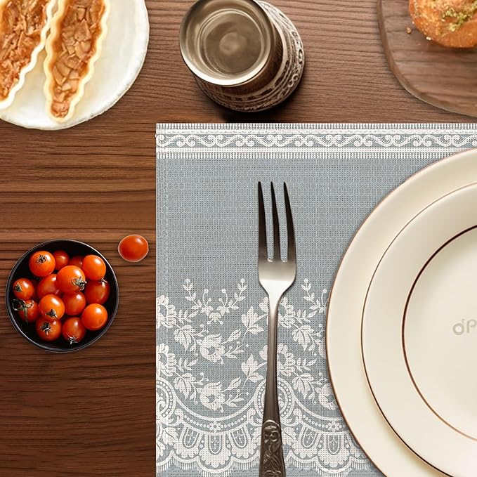 Lace Flower Placemats Set of 6,Washable Heat Resistant 12×18 Inch Linen Table Mats White Gray Place Mats for Party Outdoor Dining Décor