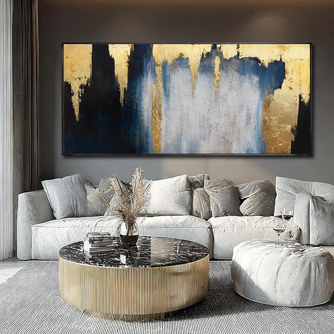 Modern Abstract Blue and Gold Framed Wall Art 32x70 Extra Large Canvas Painting Contemporary Artwork for Living Room Office Decoration