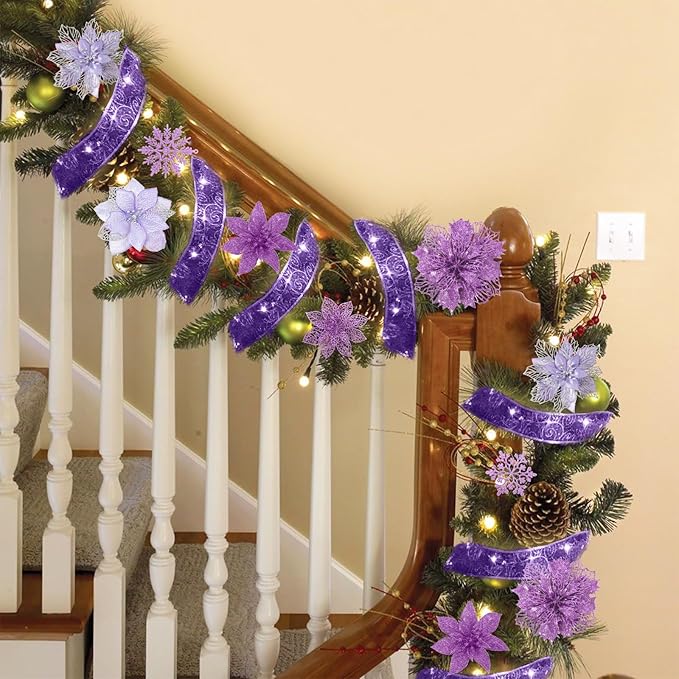 RECUTMS Christmas Glitter Tree Ornaments Christmas Snowflake Flower Poinsettias Xmas Purple Glitter Artificial Flowers with Ribbon for Wreath Xmas Tree Ornament Wedding Party Decor(Purple)