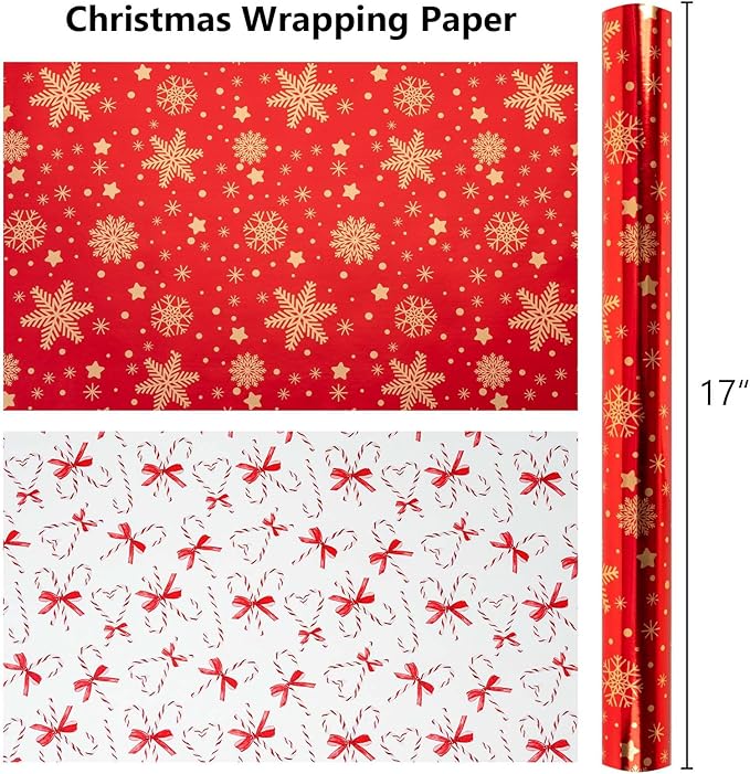 MAYPLUSS Christmas Wrapping Paper Roll - 17 Inch X 33 Feet - Gold Snowflake Star Reversible Candy Cane Gift Wrapping Paper, Thick Wrap Paper for Holiday Party New Year Kids