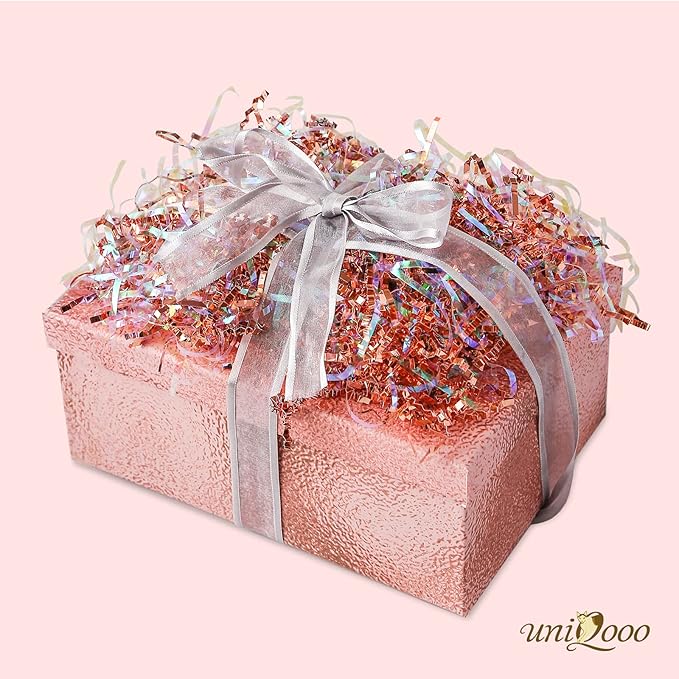 UNIQOOO 1/2 LB Metallic Iridescent Rose Gold Crinkle Cut Paper Shredded Filler, Rosy Pink Gold Grass Raffia Tissue, Strands Shred Craft Bedding Cushion Paper, for Christmas Wedding Mothers Day Bridesmaid Engagement Gift Boxes Bags Retail Decoration