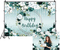 Renaiss 10x8ft Floral Happy Birthday Backdrop for Woman Fabric Green White Flowers Blooming Flower Photography Background Shinning Diamond Photo Backdrops for Birthday Party Supply