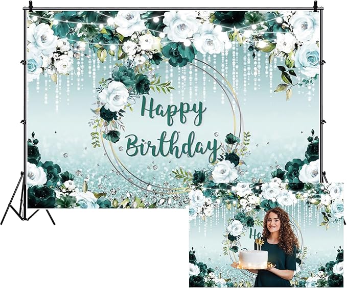 Renaiss 6x4ft Floral Happy Birthday Backdrop for Woman Fabric Green White Flowers Blooming Flower Photography Background Shinning Diamond Photo Backdrops for Birthday Party Supply