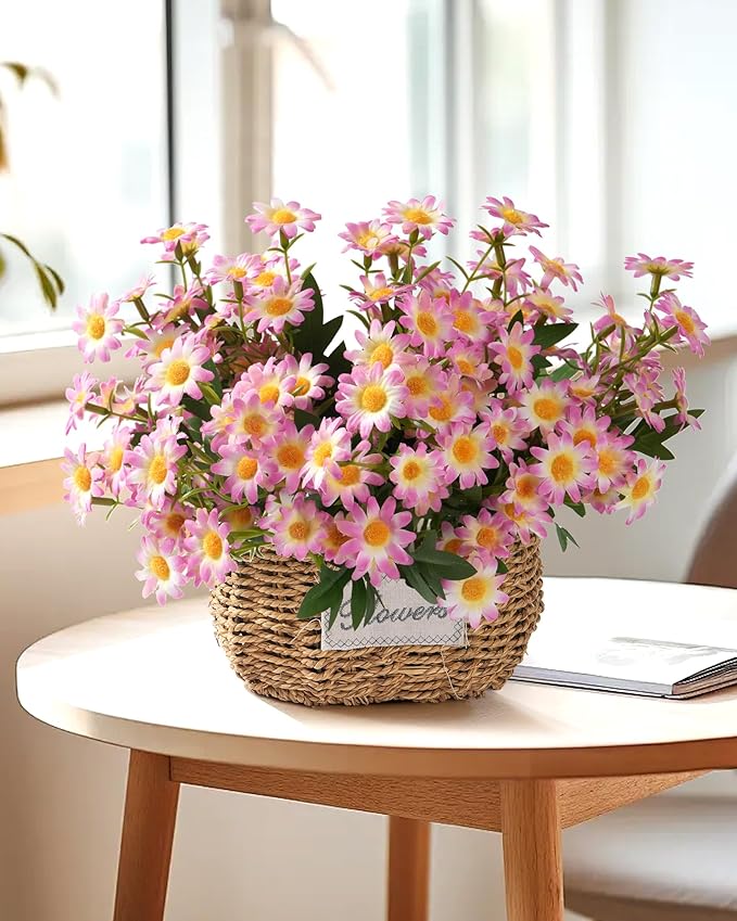 Daisy Flowers Artificial (144 Blooms), 12 Bundles Fake Wildflowers for Outdoor Planters, Faux Plants with Silk Daisies for Front Porch Garden Patio Home Aesthetic (Pink and White Gradient)