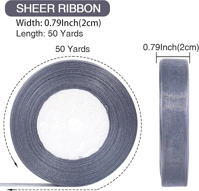 3/4 Inch x 50 Yards Sheer Organza Ribbon Chiffon Ribbon for Gift Wedding Flower Bouquet Wrapping Decorations Crafts (Gray)