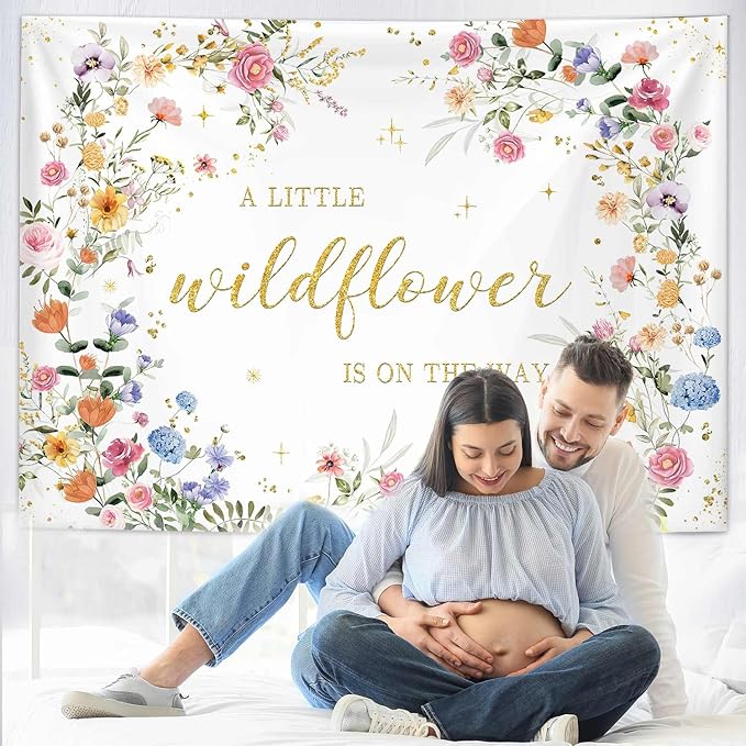 MEHOFOND 7x5ft Wildflower Baby Shower Decorations Banner A Little Wildflower is On The Way Baby Shower Backdrop Floral Theme Baby Girls' New Born Photoshoot Background