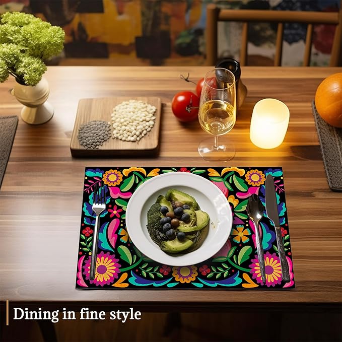 Colorful Floral Mexican Placemats Set of 6 Washable Table Mats for Kitchen Dining Table,Heat-Resistant Place Mats for Indoor Outdoor Party Holiday Decoration