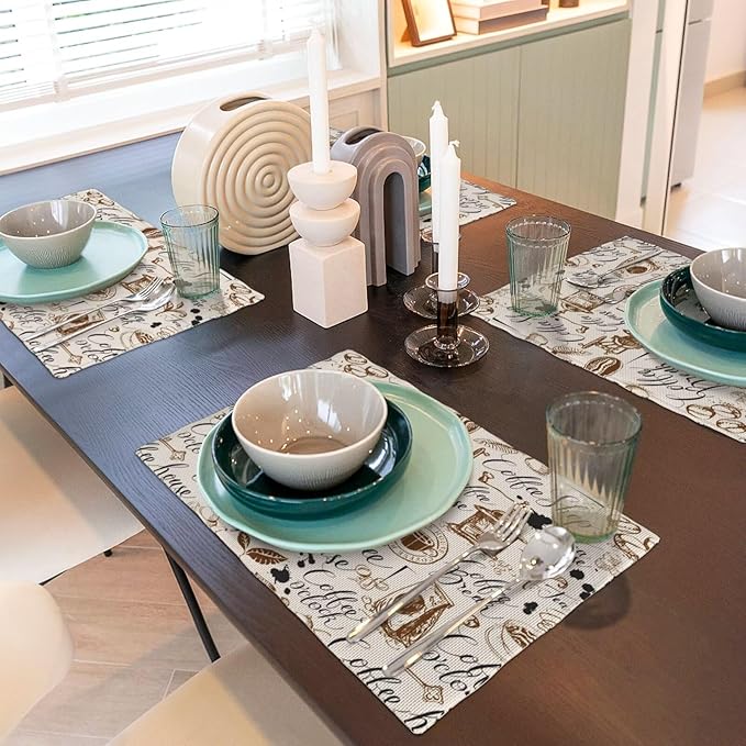 Coffee Theme Linen Placemats Set of 4 Vintage Coffee Cup Table Mats Heat Resistant Place Mats for Home Party Kitchen Dining Decoration 12x18 Inch