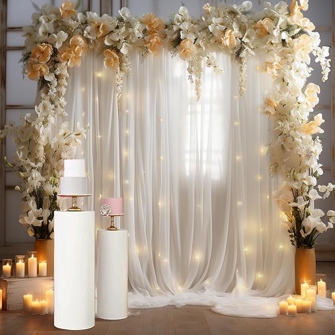 PARTISKY 10x8ft White Tulle Backdrop Curtain with Lights String for Parites, Sheer Backdrop Curtains for Wedding Baby Shower Birthday Party Photo Shoot Decorations