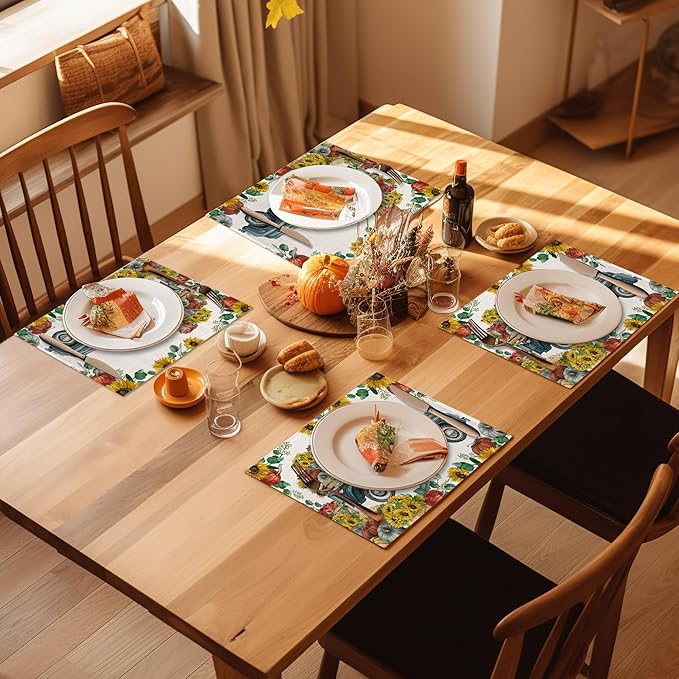 Thanksgiving Placemats Set of 4, Pumpkin Autumn Truck Place Mats Heat Resistant Washable Non-Slip Table Mats for Party Kitchen Dining Decor 12x18 Inch