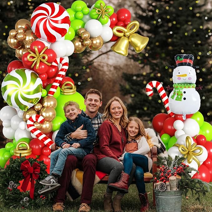 Christmas Balloons Decorations Red Green Gold White Balloon Garland Arch Kit with Snowman Reindeer Candy Cane Foil Mylar Balloon for Merry Christmas Xmas New Year Baby Shower Birthday Party Decoration