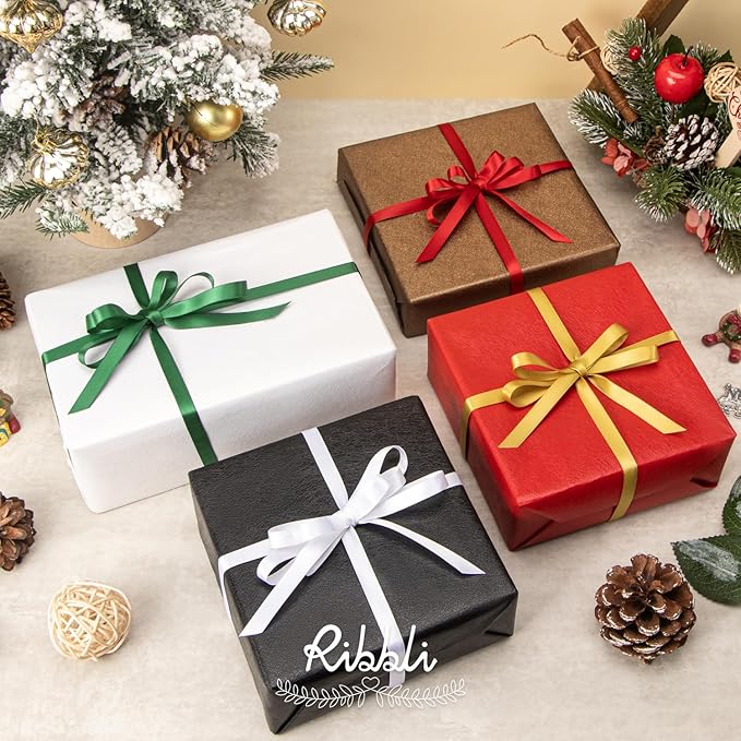 Ribbli Christmas Satin Ribbon 3/8 Inch x 4 Rolls Total 40 Yards- Red White Green Gold Ribbon for Gift Wrapping Christmas Decoration and Crafts