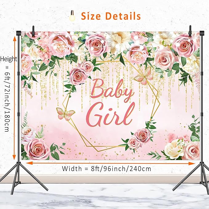 Pink Rose Flower Baby Girl Baby Shower Backdrop Party Decorations,Blush Floral It's Sweet Girl Backdrops Banner Photography Background for Princess Baby Shower Party Photo Booth Supplies 8x6ft