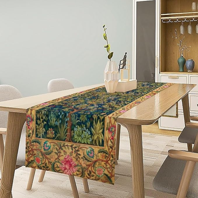 William Morris Table Runner, Boho Rustic Ethnic Tree of Life Flower Original Design Print Table Runner for Home Party Dining Room Kitchen Decor 13x36 Inch