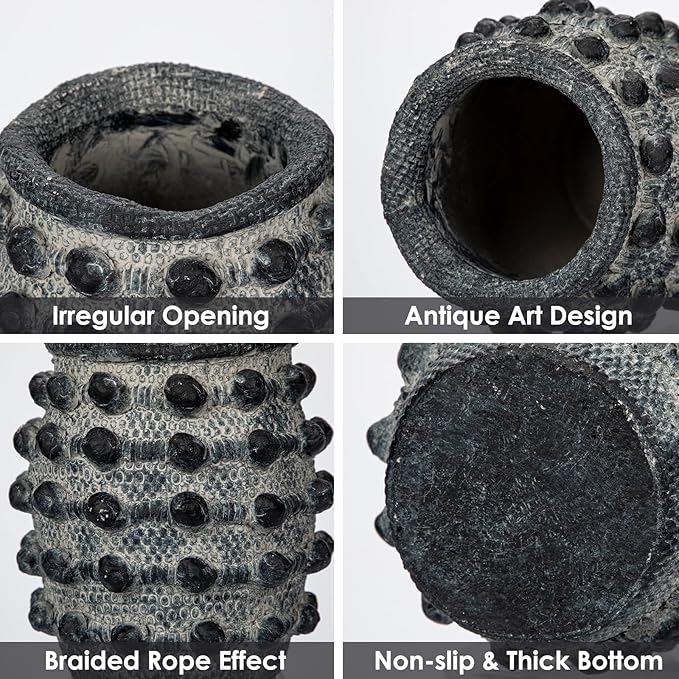 Rustic Farmhouse Vase, Boho Smoky Black Vase for Pampas Grass Small Textured Knotted Vases for Flowers Decorative Cement Floral Vases for Home Decor, Living Room, Dining Table