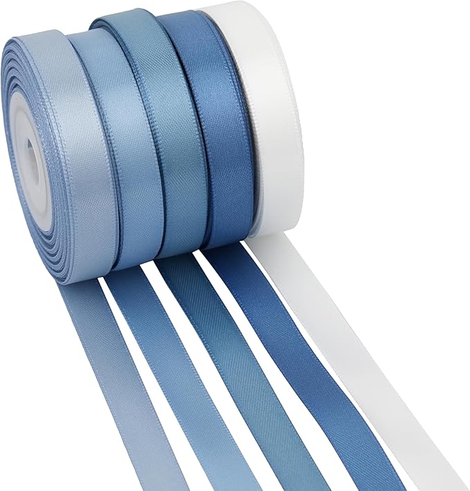 French Blue Ribbon 3/8 Inch Thin Dusty Blue Satin Ribbon 5 Rolls Assortment for Wedding Baby Shower Invitation Card Gift Wrapping Crafts - 50Yards