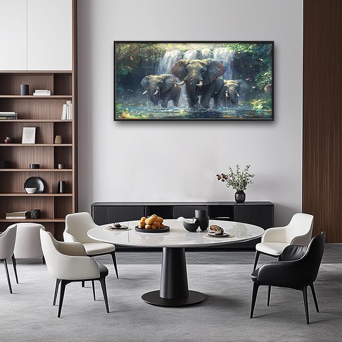 Large Elephant Wall Art for Living Room, Framed Oversized Forest Waterfall Wall Decor, Nature Landscape Canvas Painting Wildlife Artwork for Living Room Dining Room Bathroom Bedroom Office 60"x30"