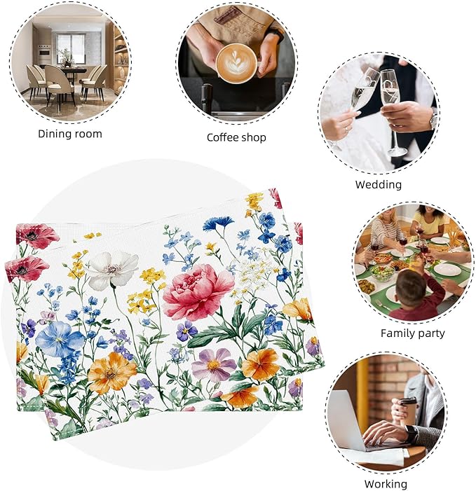 Poppy Floral Placemats Set of 4, Watercolor Wildflower Place Mats, Leaves Spring Dining Table Mats, Washable Flower Placemats for Kitchen Dining Room Home Decor 18L'' × 12W''