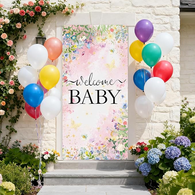 Wildflower Baby Shower Decorations Banner - Floral Welcome Baby Door Banner Party Supplies, Flower Theme Photo Background for Birthday Baby Shower Gender Reveal (72.8 x 35.4 inch)