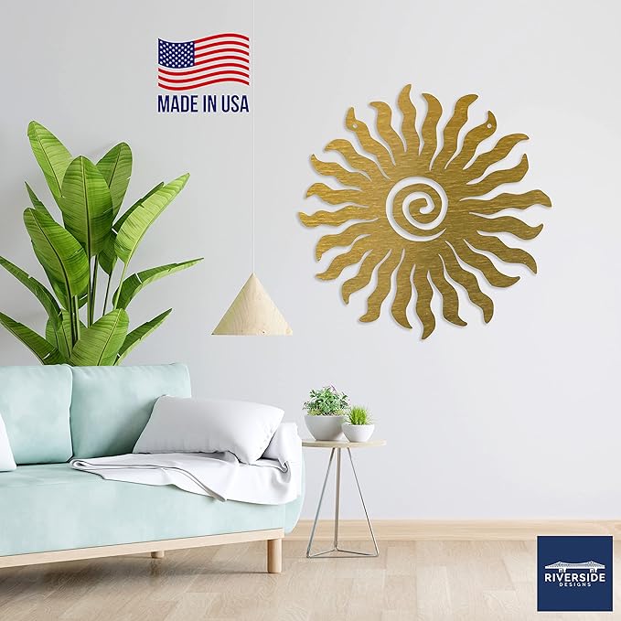 Riverside Designs Sunburst Metal Wall Art Steel Outdoor Decor - Heavy-Duty and Waterproof - Made in USA (12", Gold)