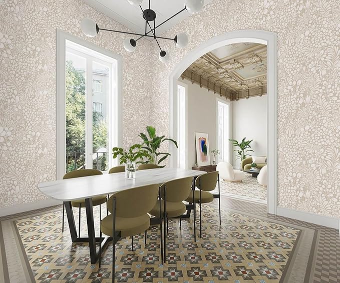 Heroad Peel and Stick Wallpaper Boho Beige Contact Paper 17.3''x393'' Floral Wall Paper Removable Self Adhesive Wallpaper for Cabinet Bedroom Living Room Entryway Walls Bathroom Waterproof Vinyl Roll