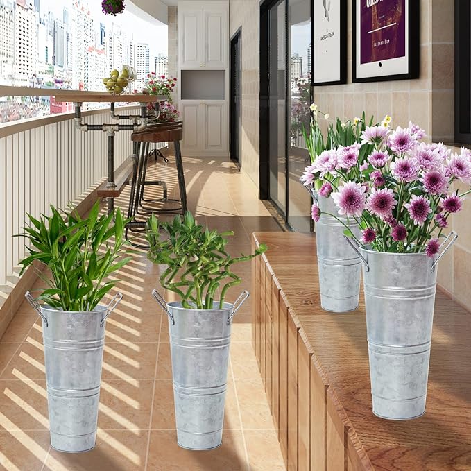 Galvanized Iron Rustic Vases, Water Leakage Proof Flower Bucket Pots ,Set of 4, Flower Arrangement Decoration and Household Decor Displayed in Flower Shops or Homes (9.03" H,4 Pieces)