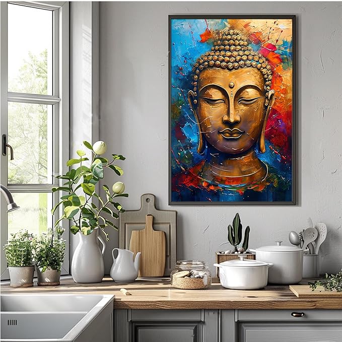 Golden Serenity Buddha Vintage Painting Wall Art Spirituality and Modern Art Wall Decor Adds Brilliance to Vibrant Home Decor 12x18in Metal blackFramed