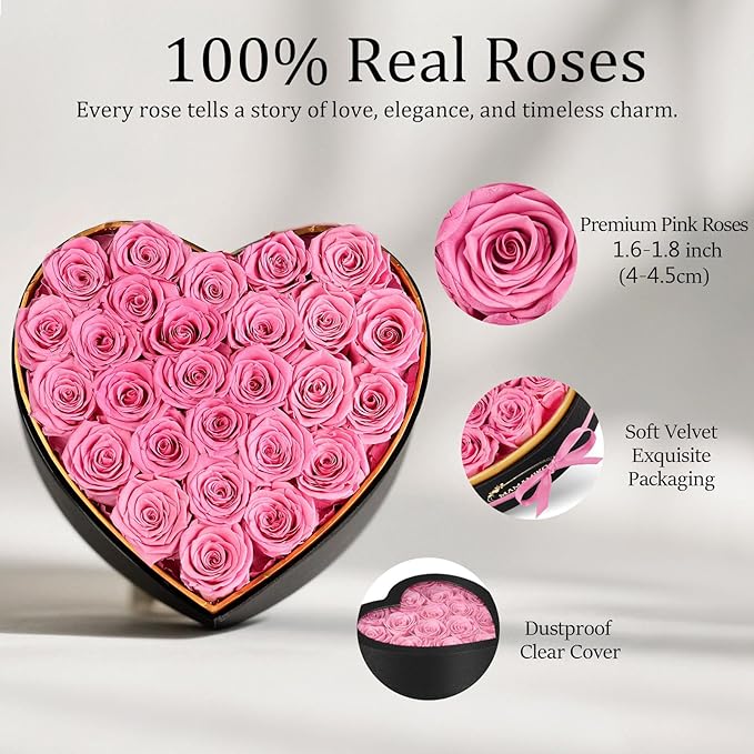 27 Preserved Roses in Heart Shape Gift Box for Her - Forever Flowers for Delivery, Eternal Rose Mothers Gifts for Mom, Wife Anniversary Birthday Gifts for Women, Pink