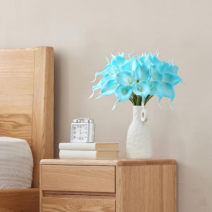 SITUMEIZI 24 PCS Fake Flowers Artificial Calla Lily Silk Flowers Real Touch for Mother's Day Easter Home Kitchen Decor Wedding Bouquet Office Spring Decoration(Peacock Blue)