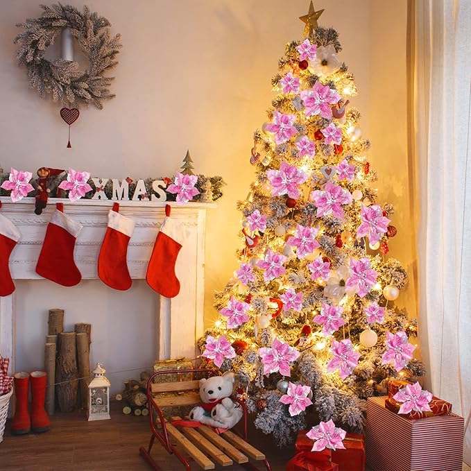 WILLBOND 36 Pieces Christmas Poinsettia Glitter Faux Flowers Christmas Artificial Flowers Tree Ornaments Topper Xmas Decorations(Pink)