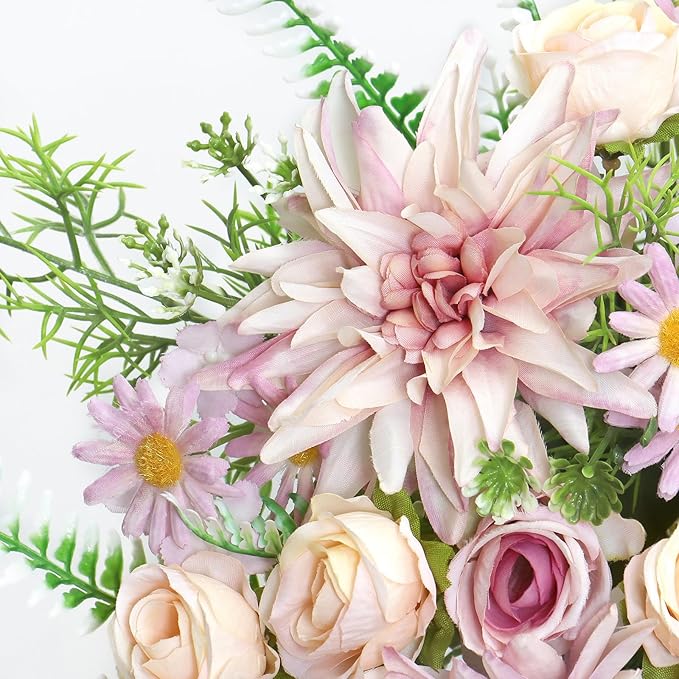 4PCS Artificial Flowers Dahlia Bouquet Fake Flowers Purple Silk Roses Daisies Faux Floral Arrangements for Dining Table Centerpieces for Kitchen Bridal Bouquet Wedding Party Home Decor