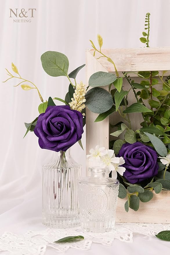N&T NIETING Artificial Flowers 50pcs Real Looking Dusty Purple Foam Fake Roses with Stems for DIY Wedding Bouquets Bridal Shower Centerpieces Arrangements Party Tables Decorations