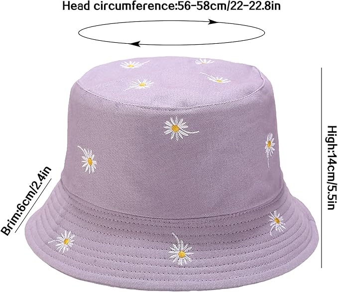 Flower Reversible Bucket Hat Cotton Summer Travel Beach Sun Hats Emboridery for Women Men