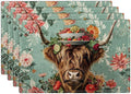 Highland Cow Placemats Set of 4 Farmhouse Flower Cattle Fruits Placemats Funny Animal Table Mats Wildlife Farmhouse Cow Place Mats for Party Kitchen Dining Decoration 4 PCS