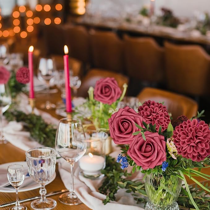 Artificial Flowers, 100pcs Hot Pink Artificial Rose for DIY Wedding Bouquets Centerpieces Arrangements, Hot Pink Rose and Dahlia Flowers with Stems for Bridal Shower Party Home Decorations
