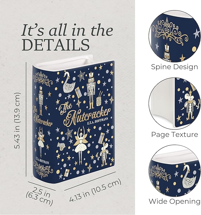 Steel Mill & Co Original Small Book-Shaped Decorative Vase, Ceramic Vases for Festive Home Decor, Cute Christmas Bookshelf Decor, Unique Vase for Book Lovers, Nutcracker