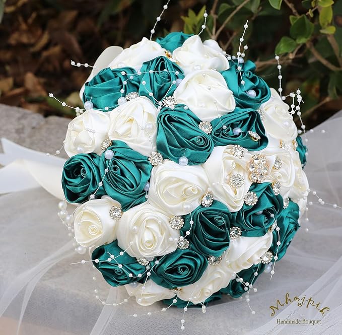 Bridal Wedding Bouquet Round Bling Brooch Bouquet Throw Toss Artificial Rose Flower Bunch for Bride Bridesmaid Wedding Quinceanera(Dark Green & Ivory, 7.5")